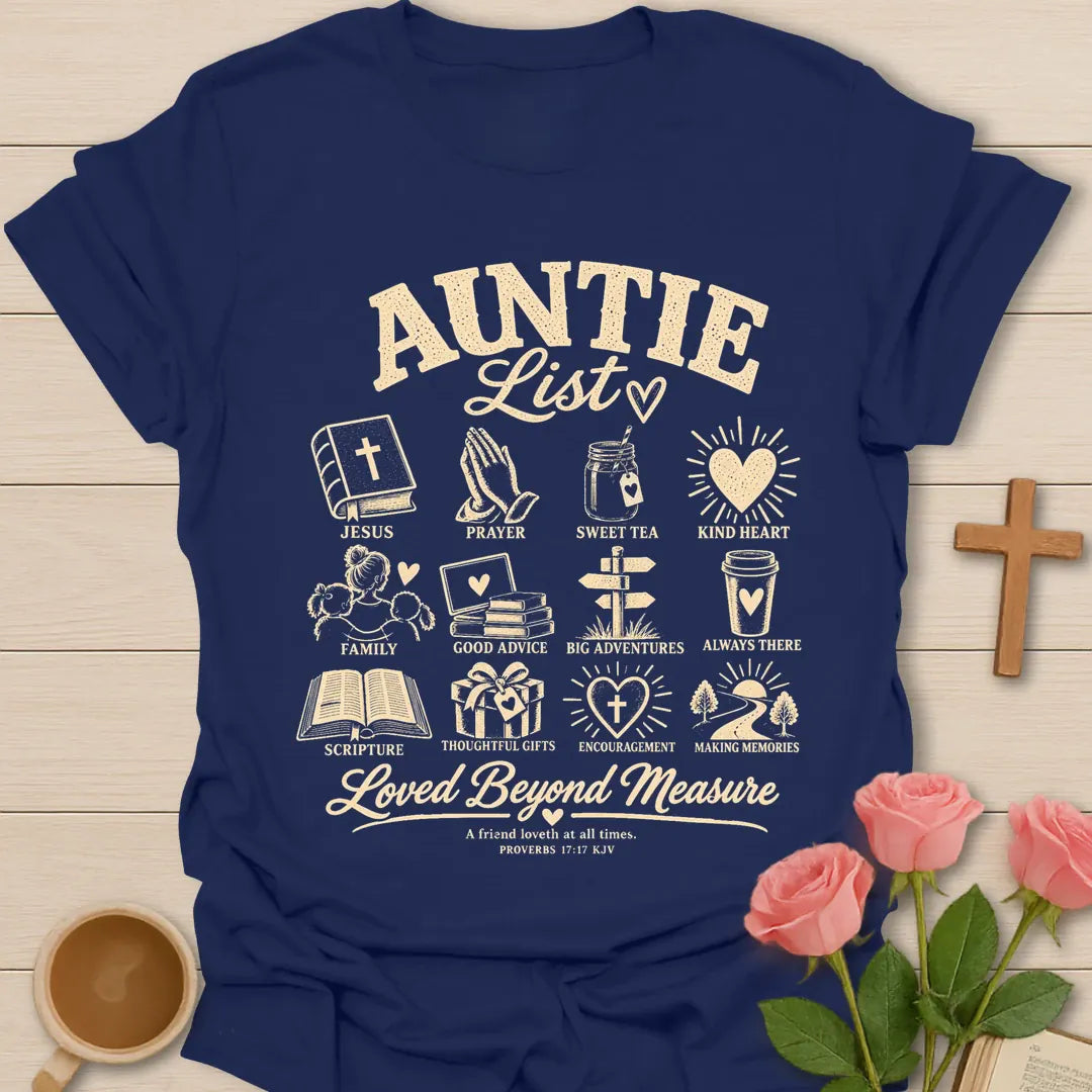 Auntie List Christian t-shirt with list-style lettering and faith-inspired design - Navy