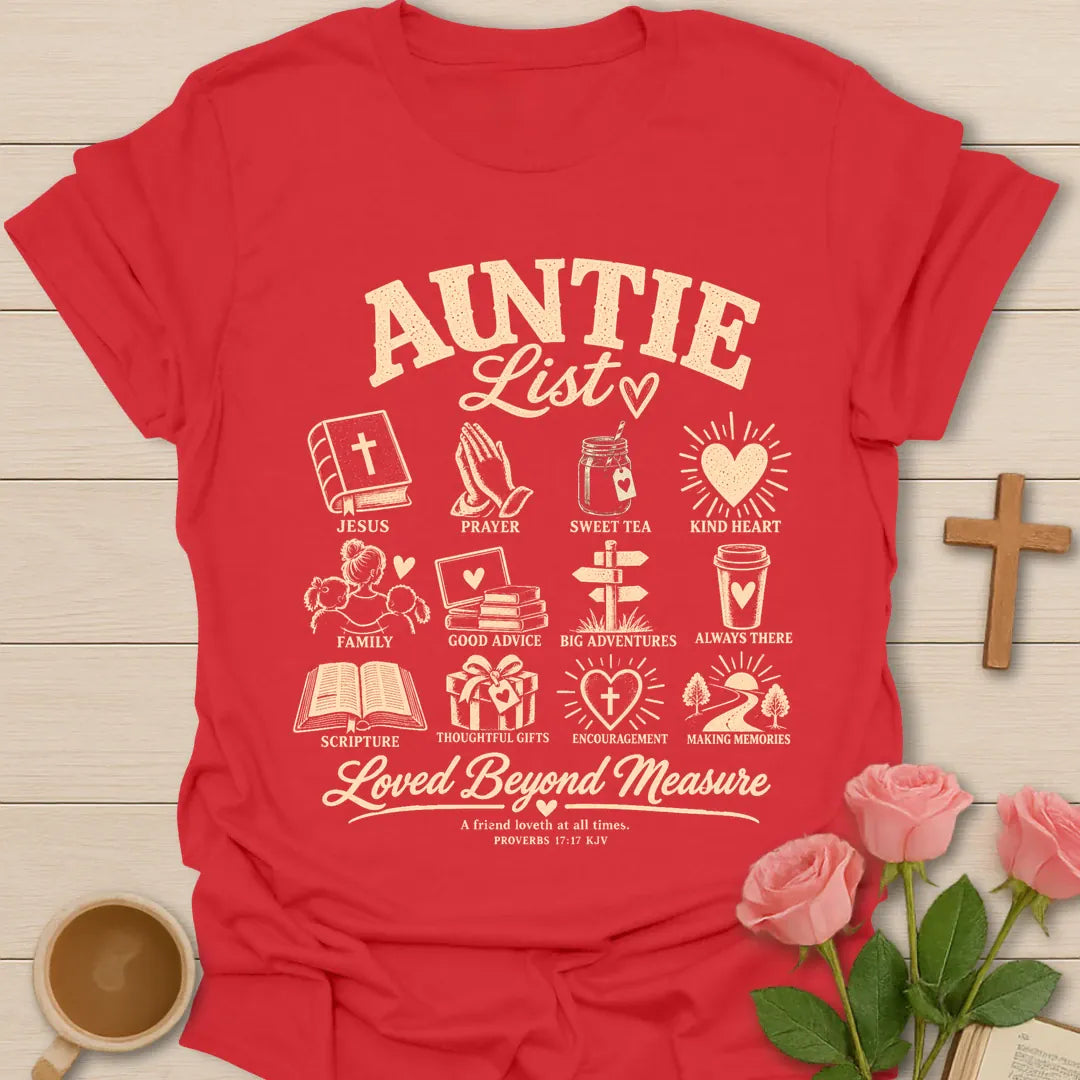 Auntie List Christian t-shirt with list-style lettering and faith-inspired design - Red