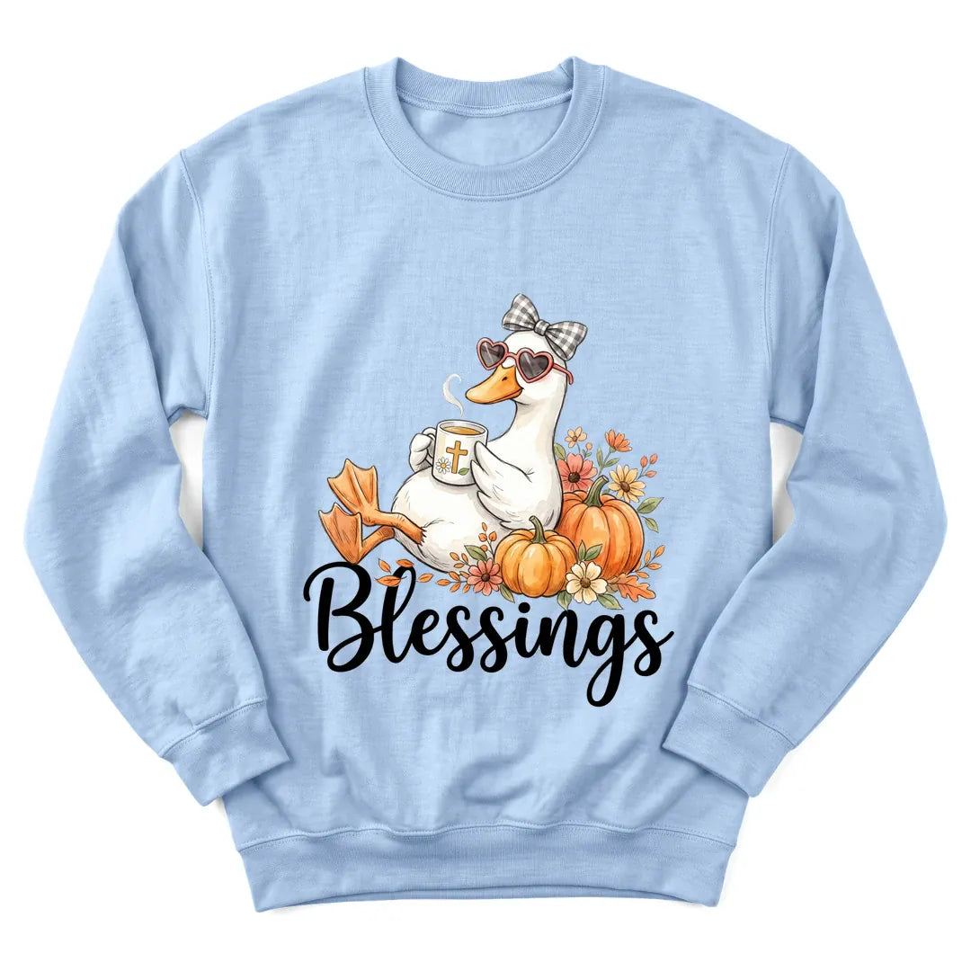 Autumn Blessings Goose sweatshirt with goose, pumpkins and fall florals - Light Blue