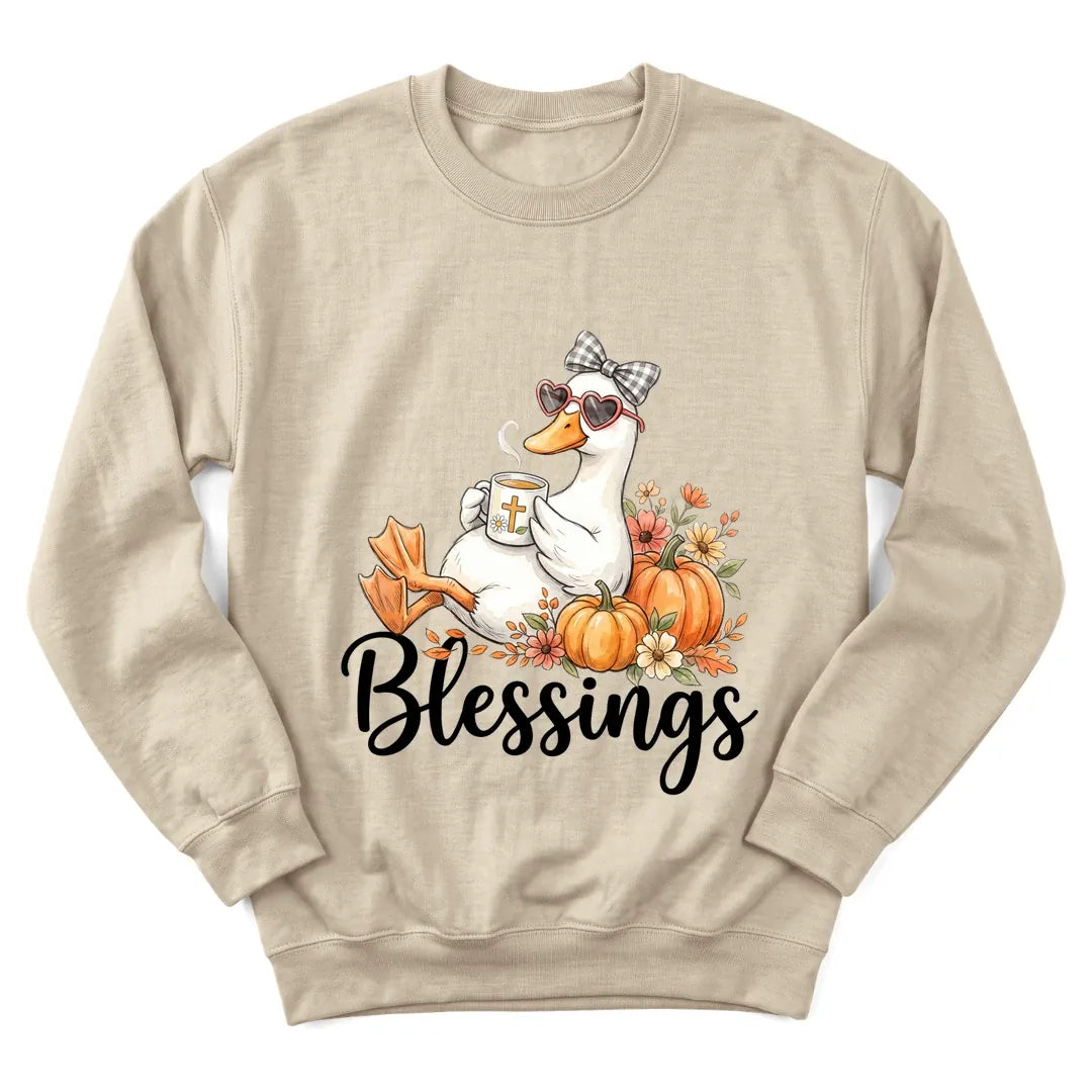 Autumn Blessings Goose sweatshirt with goose, pumpkins and fall florals - Sand