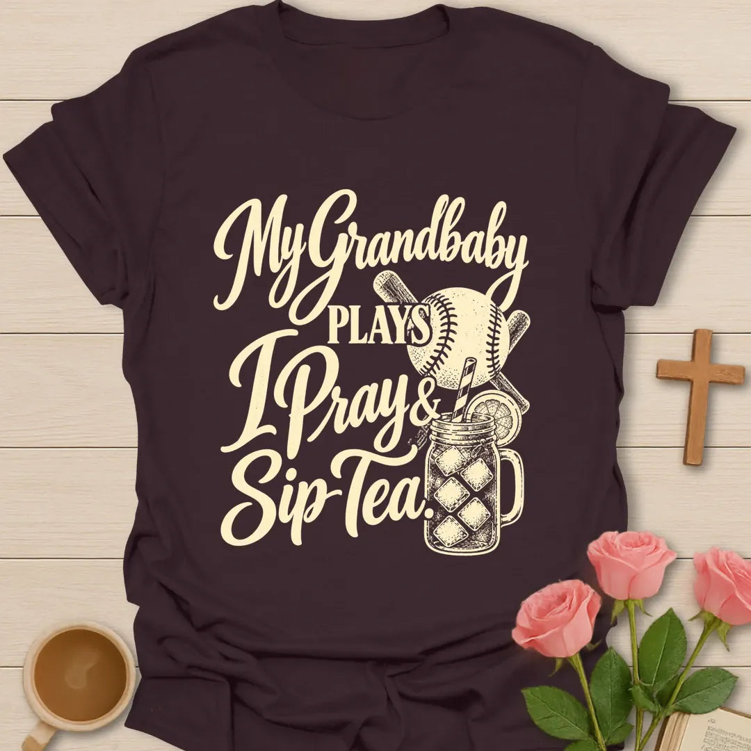 My Grandbaby Plays, I Pray & Sip Tea t-shirt with script lettering, a baseball, crossed bats and an iced tea mason jar - Dark Chocolate