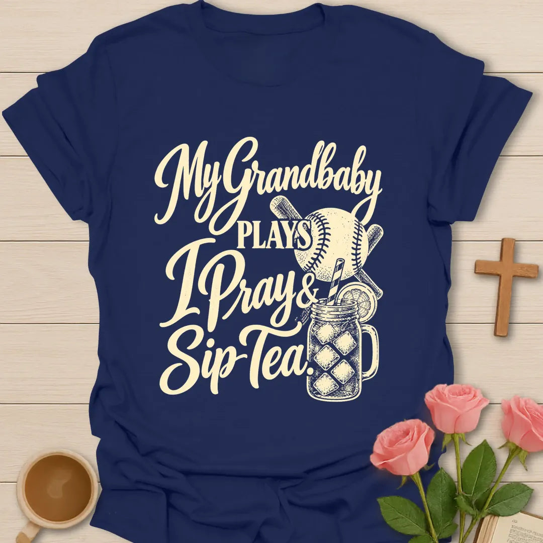 My Grandbaby Plays, I Pray & Sip Tea t-shirt with script lettering, a baseball, crossed bats and an iced tea mason jar - Navy