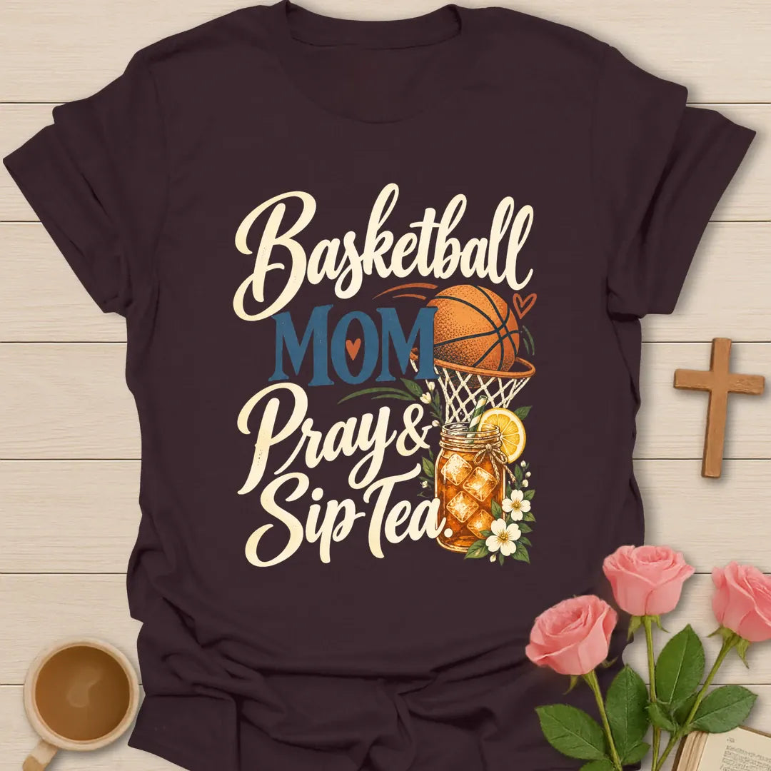 Basketball Mom Pray & Sip Tea t-shirt with script lettering, a basketball and hoop, and a floral iced tea mason jar - Dark Chocolate