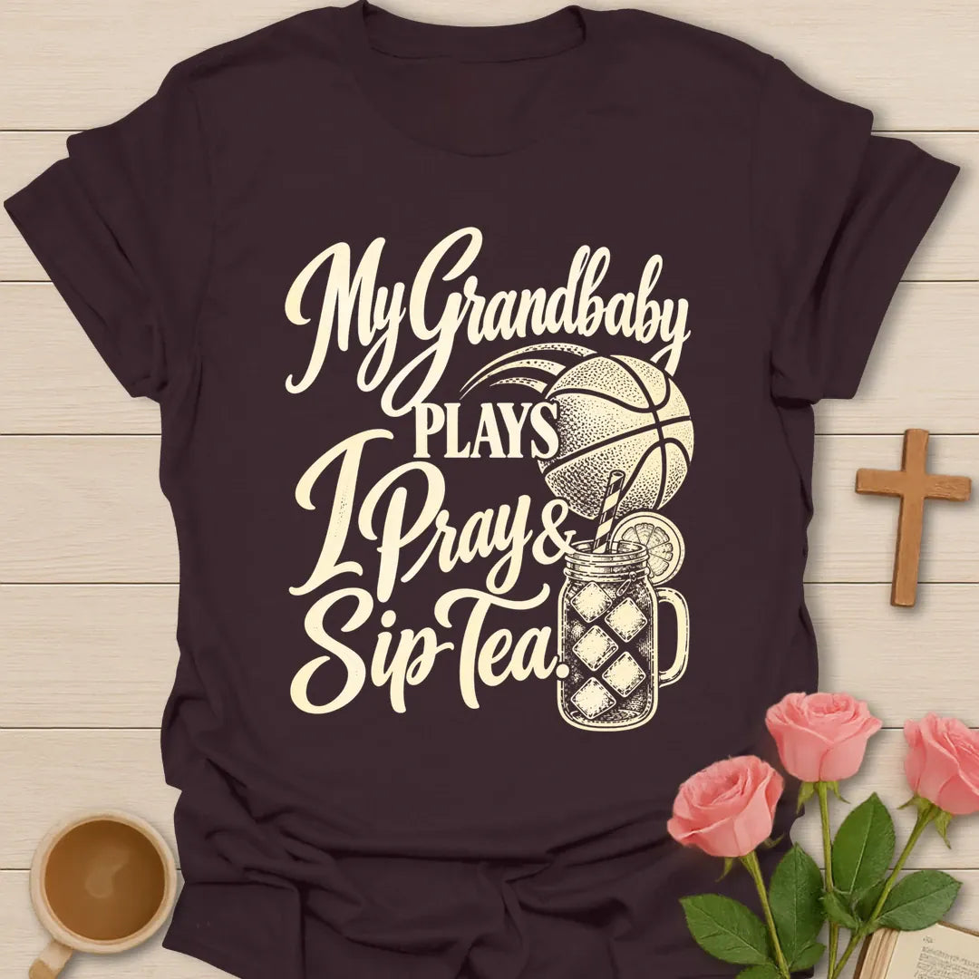 My Grandbaby Plays, I Pray & Sip Tea t-shirt with script lettering, a basketball and an iced tea mason jar - Dark Chocolate