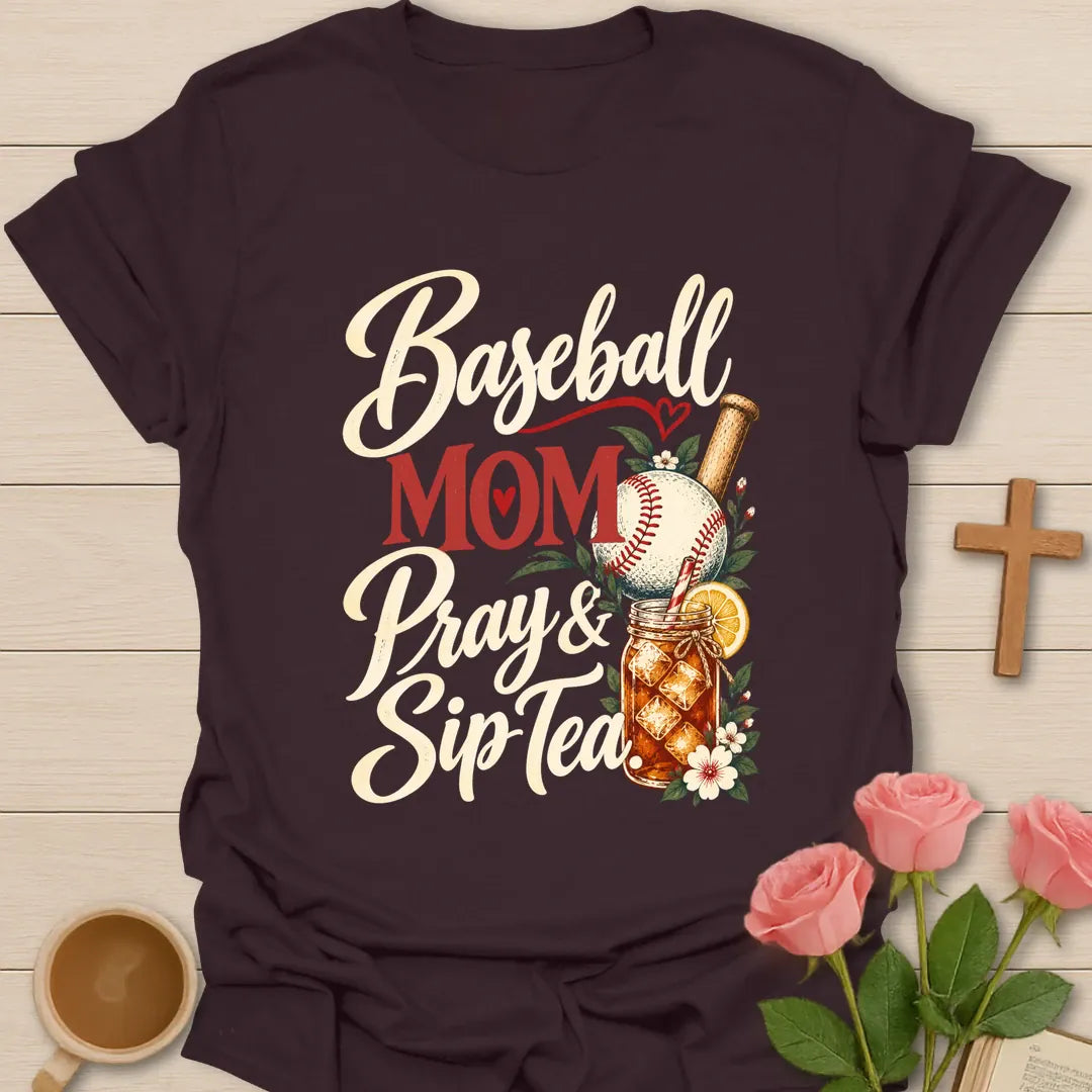 Baseball Mom Pray & Sip Tea t-shirt with script lettering, a baseball and bat, and a floral iced tea mason jar - Dark Chocolate