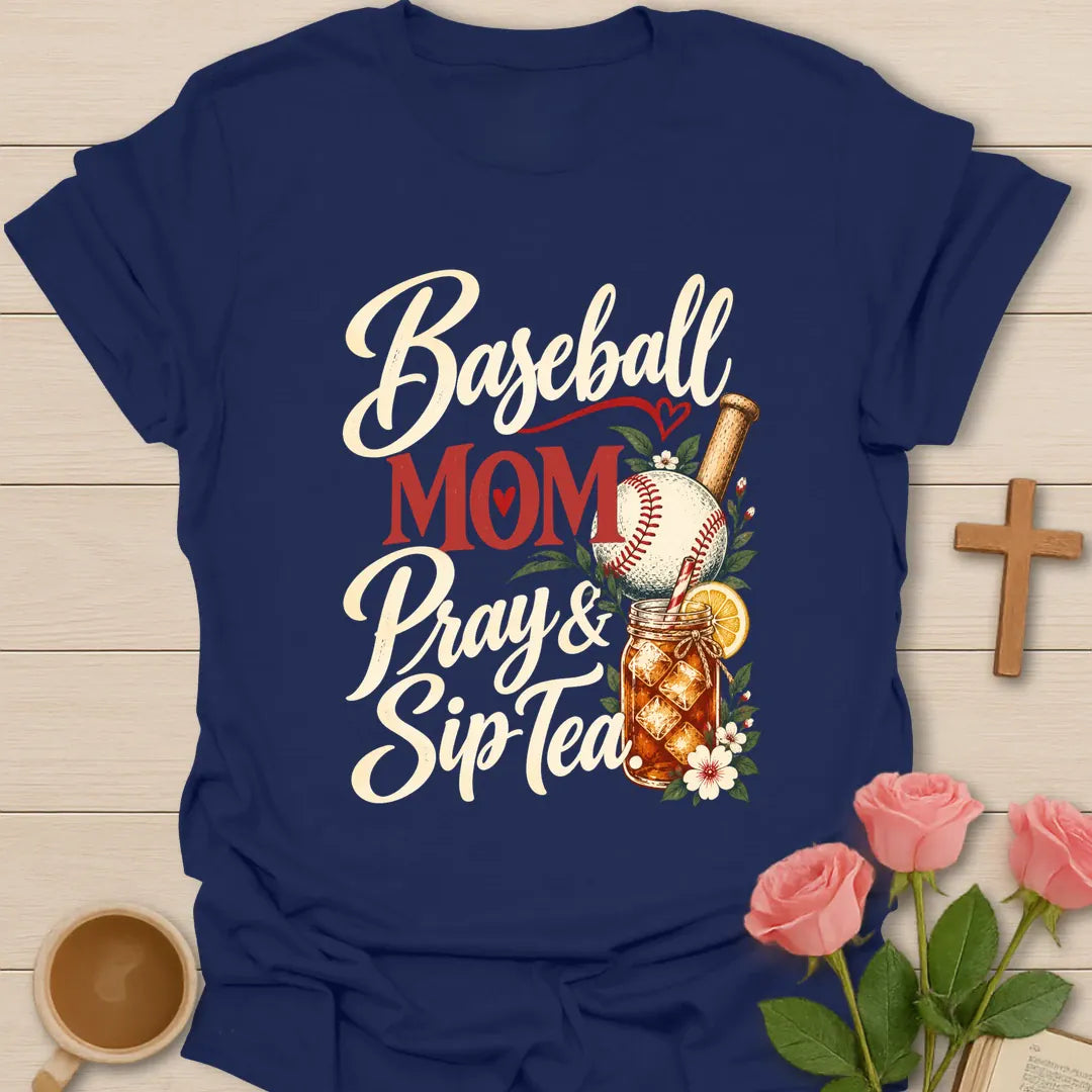 Baseball Mom Pray & Sip Tea t-shirt with script lettering, a baseball and bat, and a floral iced tea mason jar - Navy