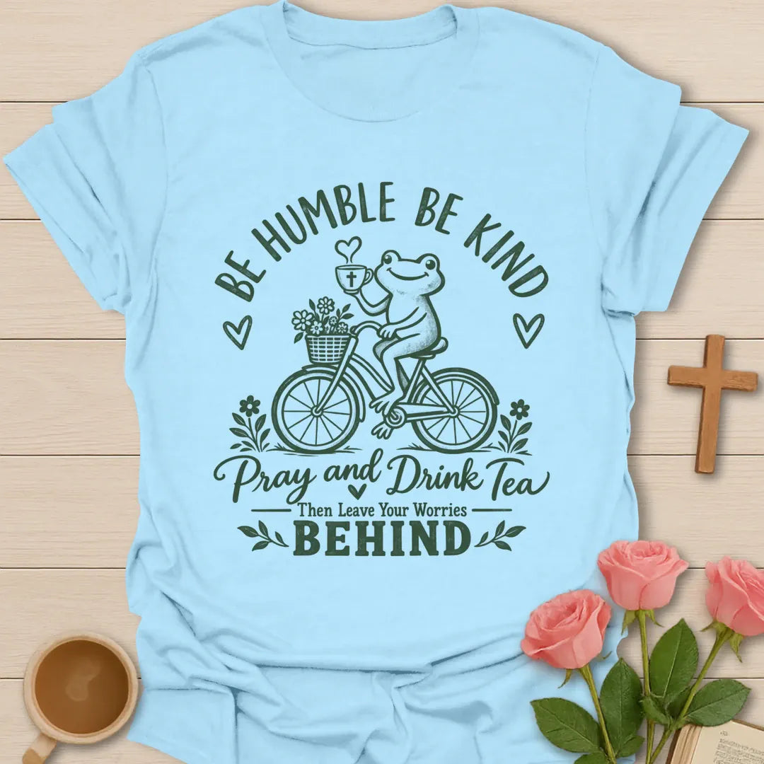 Be Humble Frog t-shirt with a cute frog and playful faith lettering - Light Blue