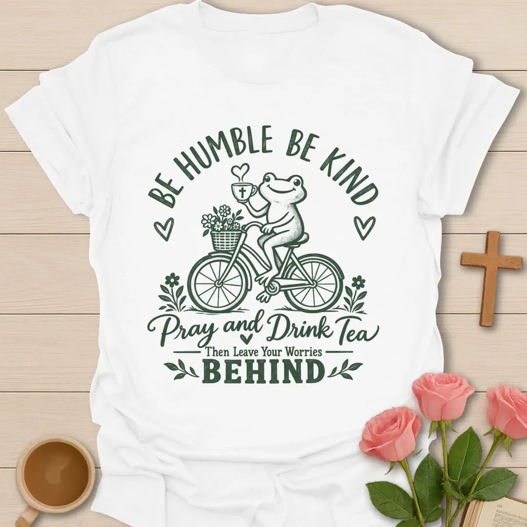 Be Humble Frog t-shirt with a cute frog and playful faith lettering - White