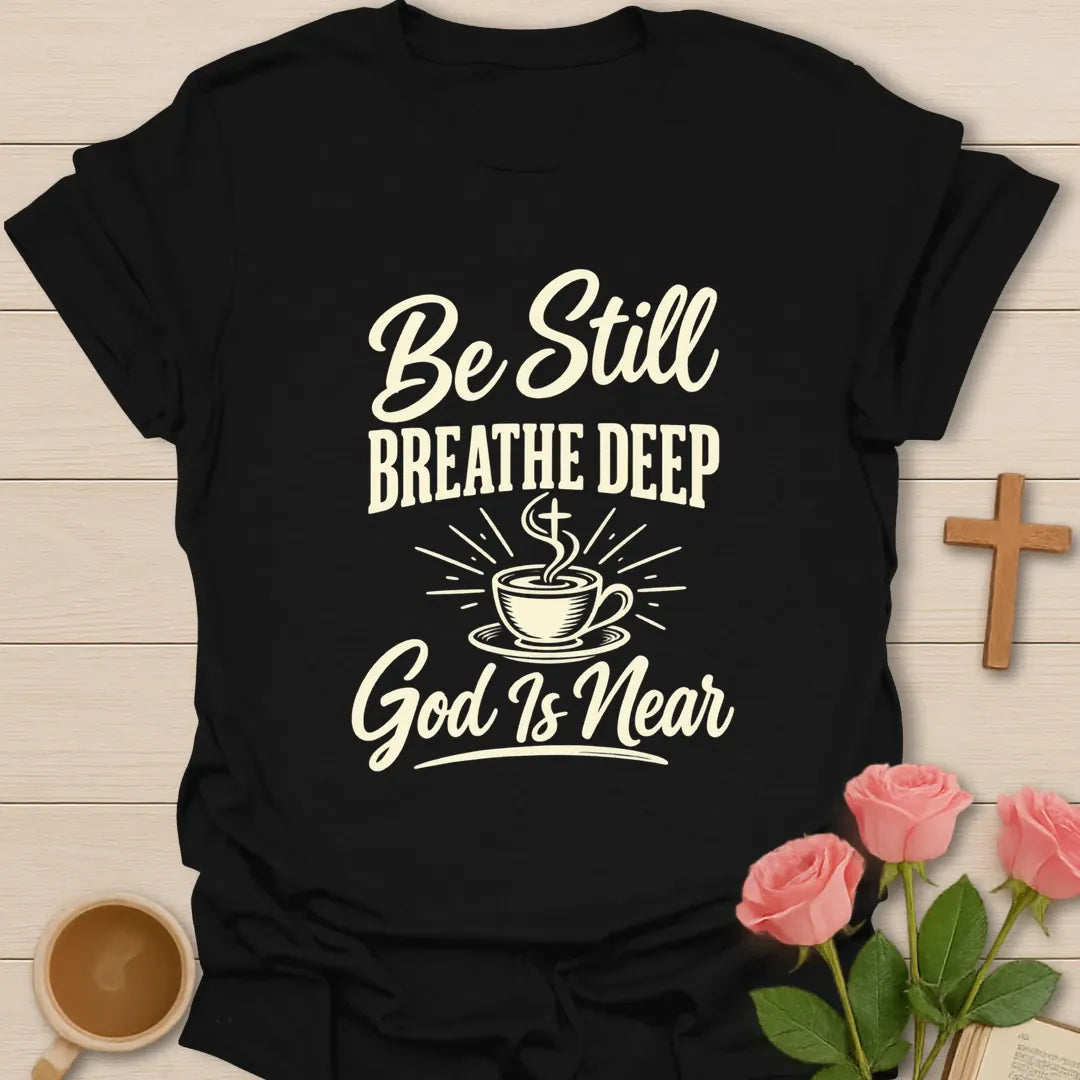 Be Still Breathe Deep shirt with calming lettering and faith-inspired design. - Black