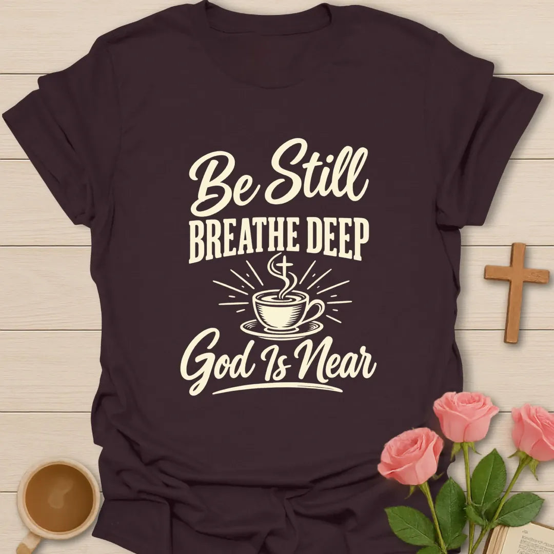 Be Still Breathe Deep shirt with calming lettering and faith-inspired design. - Dark Chocolate