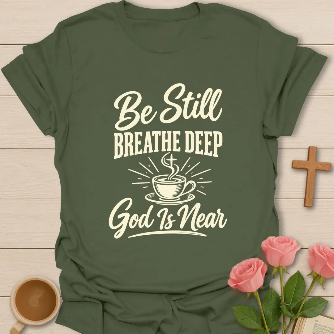Be Still Breathe Deep shirt with calming lettering and faith-inspired design. - Military Green