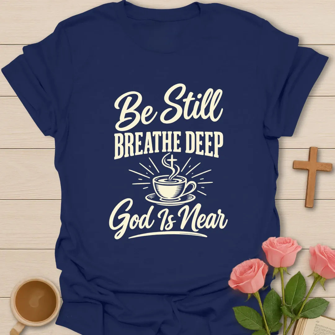 Be Still Breathe Deep shirt with calming lettering and faith-inspired design. - Navy