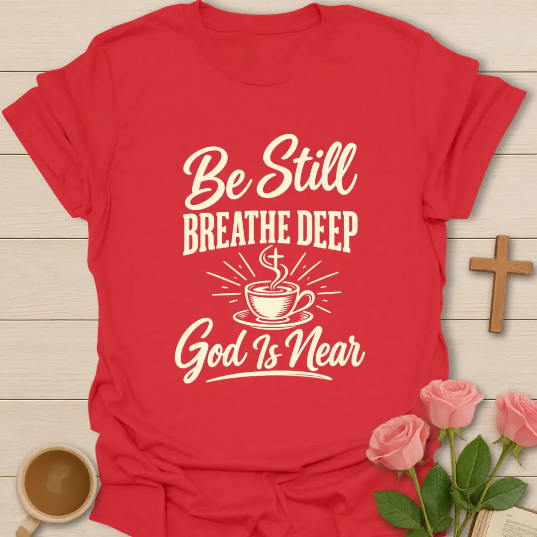 Be Still Breathe Deep shirt with calming lettering and faith-inspired design. - Red