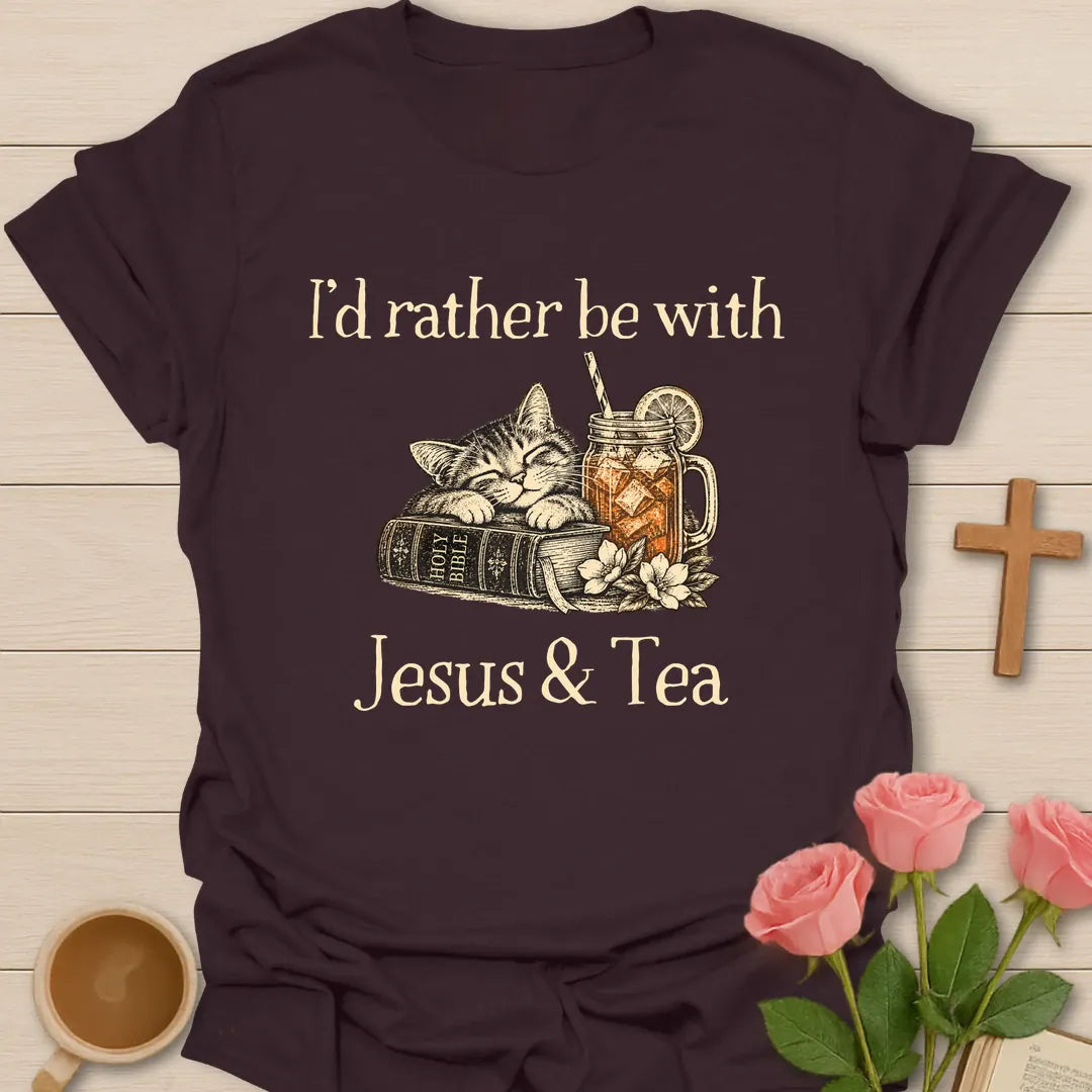 I'd rather be with Jesus & Tea t-shirt with a sleeping tabby cat on a Holy Bible beside a mason jar of iced tea - Dark Chocolate