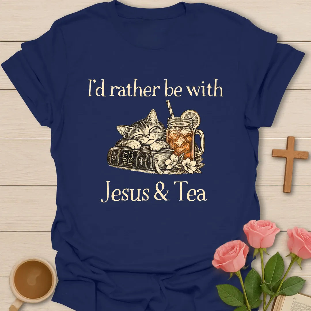I'd rather be with Jesus & Tea t-shirt with a sleeping tabby cat on a Holy Bible beside a mason jar of iced tea - Navy