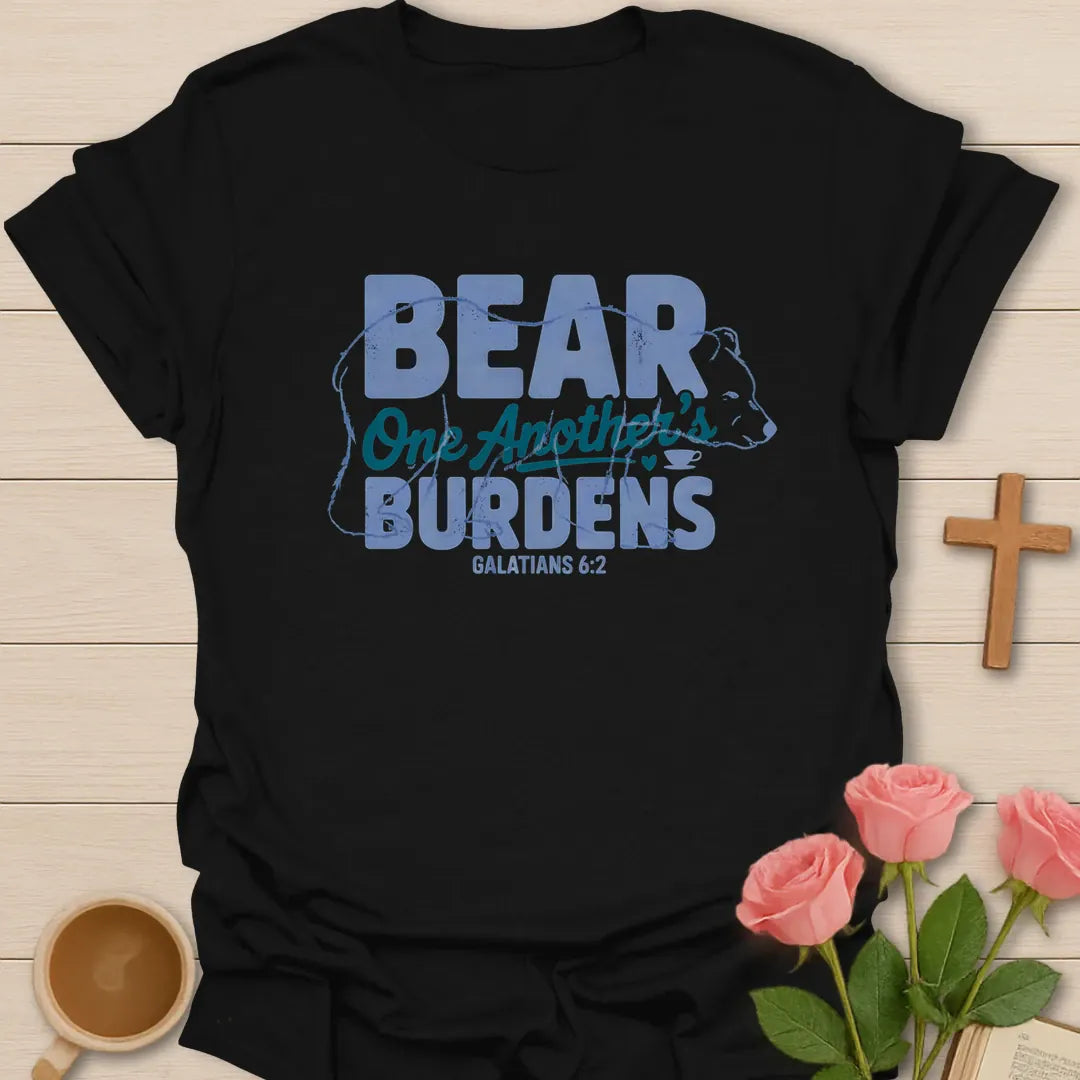 Bear One Another's Burdens Christian t-shirt with bold lettering inside a bear outline and Galatians 6:2 - Black