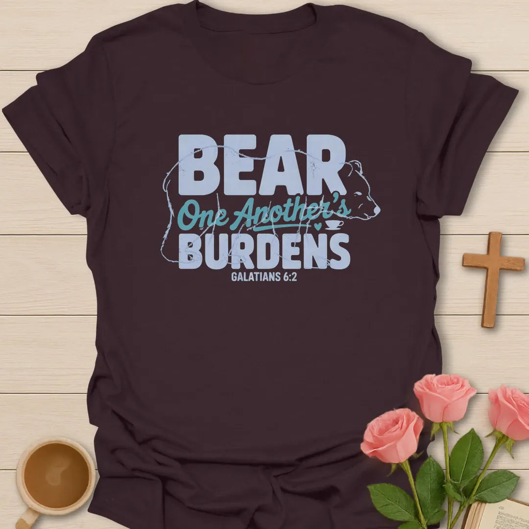 Bear One Another's Burdens Christian t-shirt with bold lettering inside a bear outline and Galatians 6:2 - Dark Chocolate