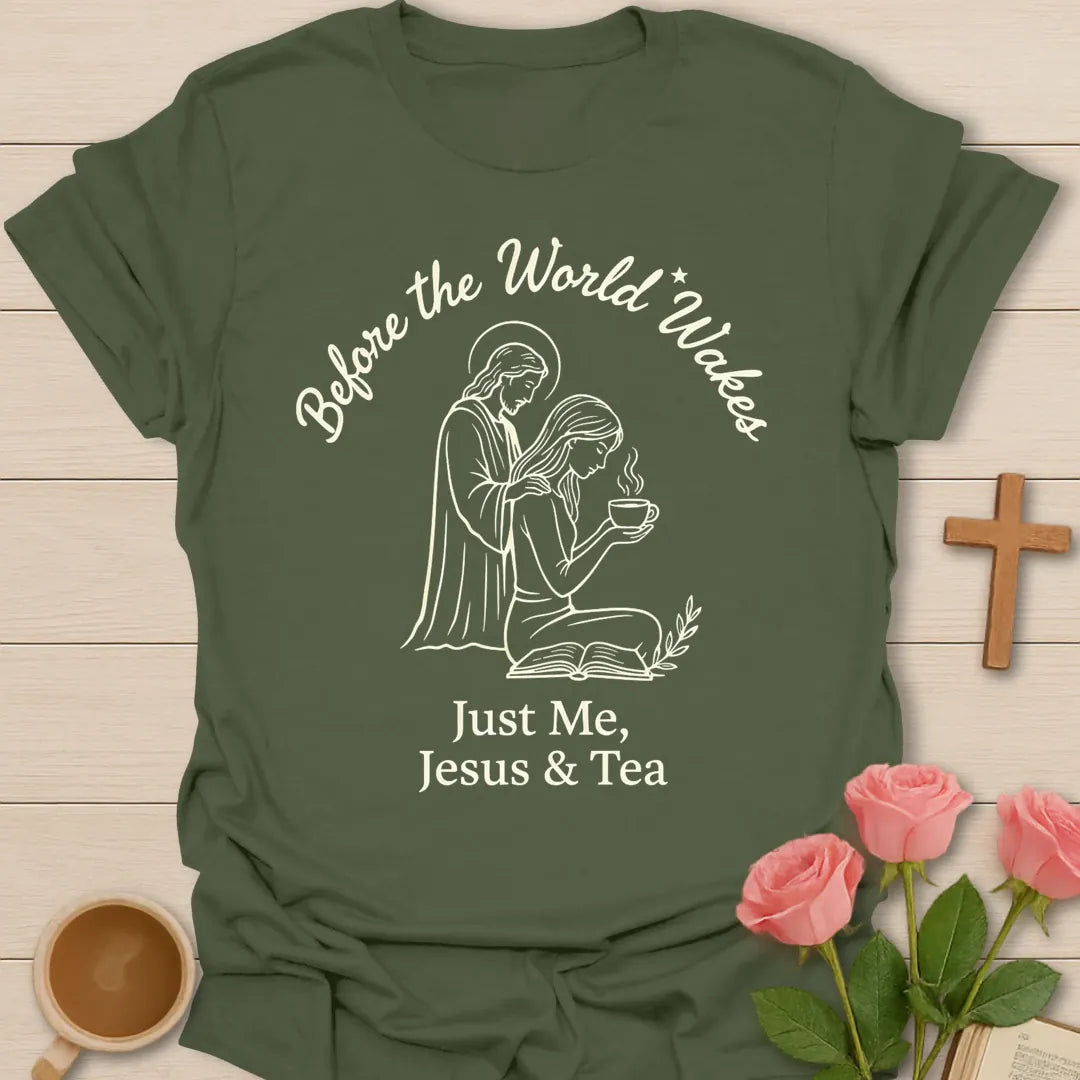 Before The World Wakes Just Me Jesus & Tea line-art Christian shirt with Jesus beside a kneeling woman holding a teacup over an open Bible - Military Green