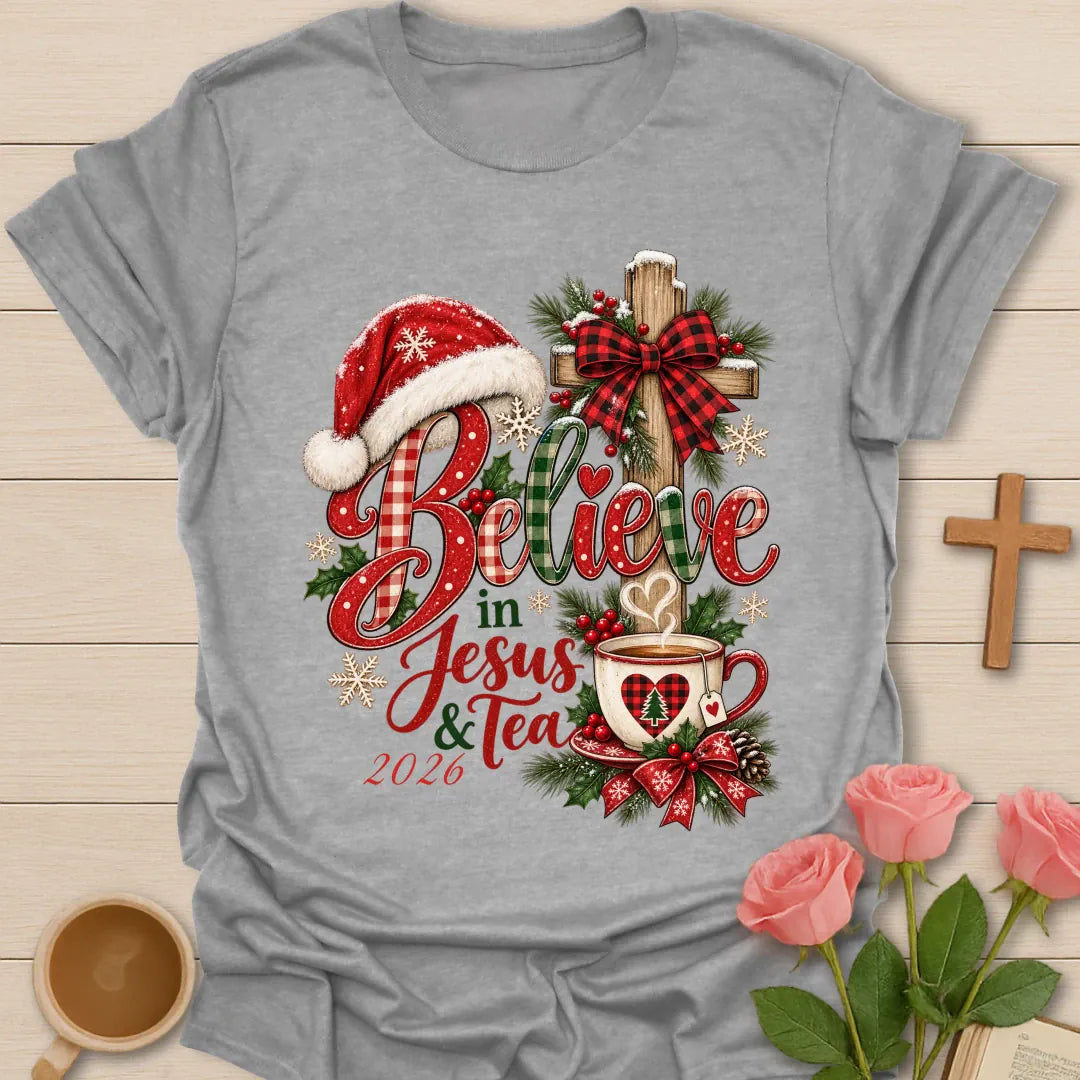 Believe In Jesus & Tea Christmas t-shirt with festive holiday lettering and faith-inspired design - Sport Grey