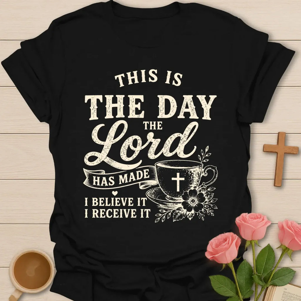 Believe It Receive It Christian shirt with faith-based vintage lettering and inspirational design. - Black