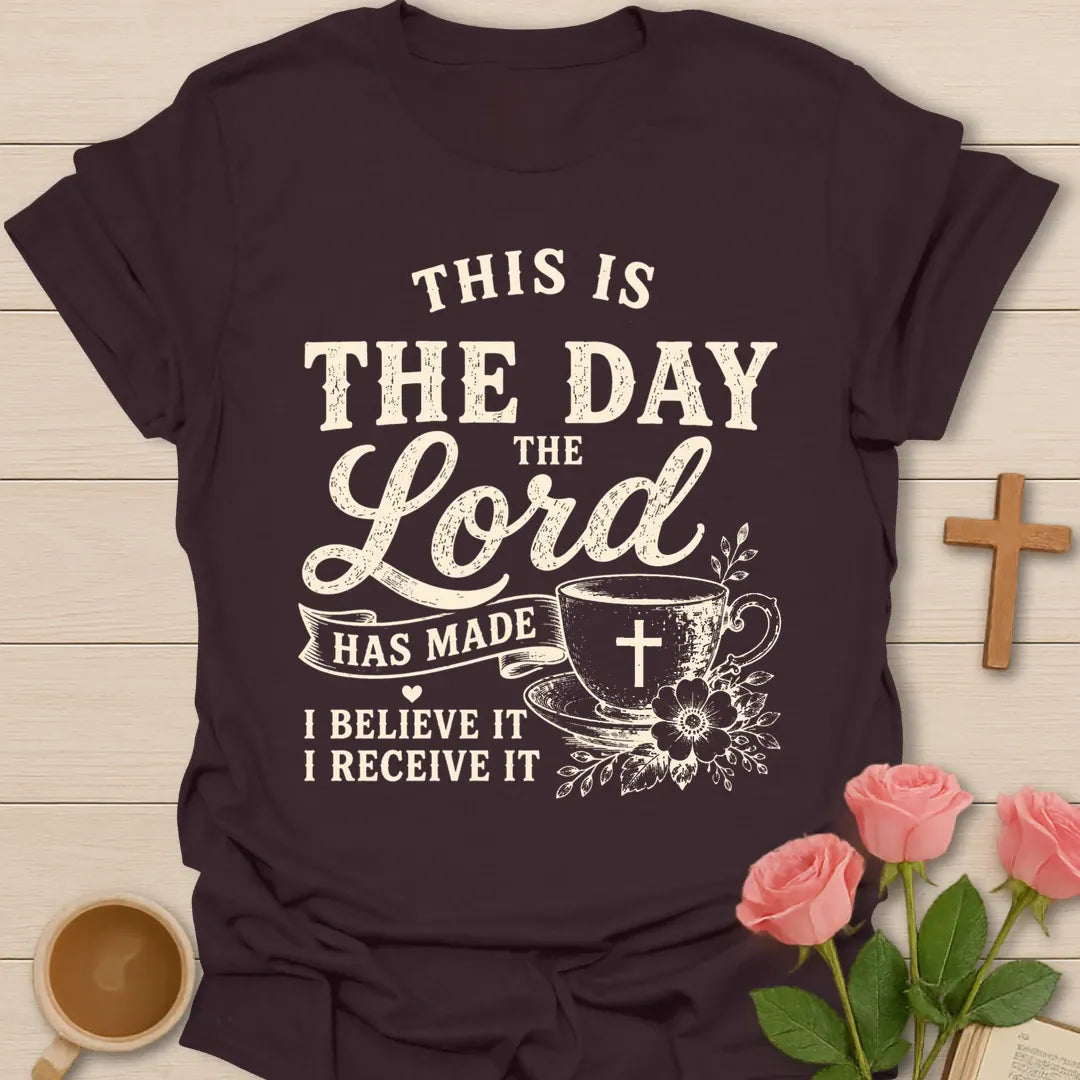 Believe It Receive It Christian shirt with faith-based vintage lettering and inspirational design. - Dark Chocolate