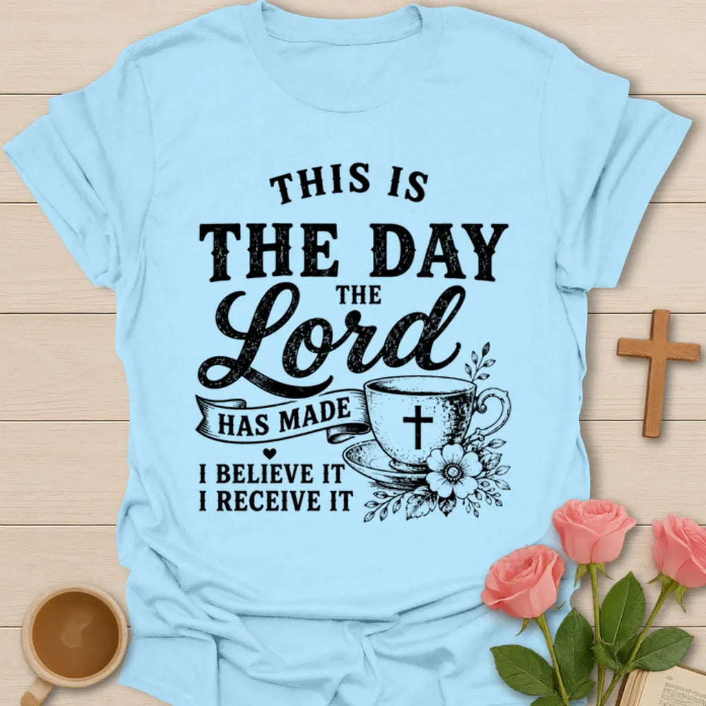 Believe It Receive It Christian shirt with faith-based vintage lettering and inspirational design. - Light Blue