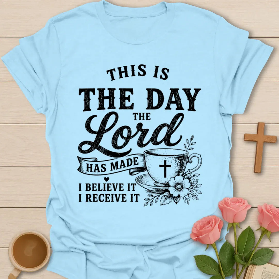 Believe It Receive It Christian shirt with faith-based vintage lettering and inspirational design. - Light Blue