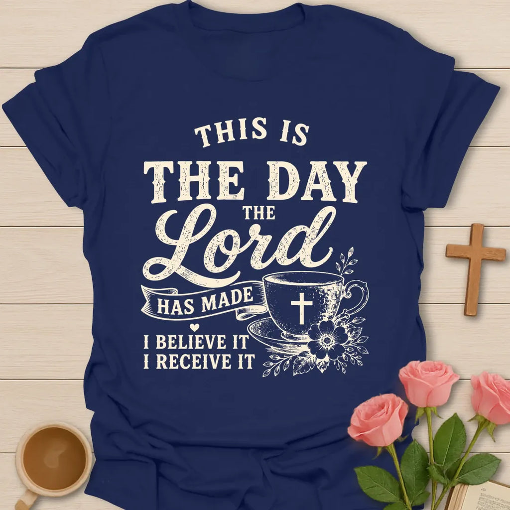 Believe It Receive It Christian shirt with faith-based vintage lettering and inspirational design. - Navy