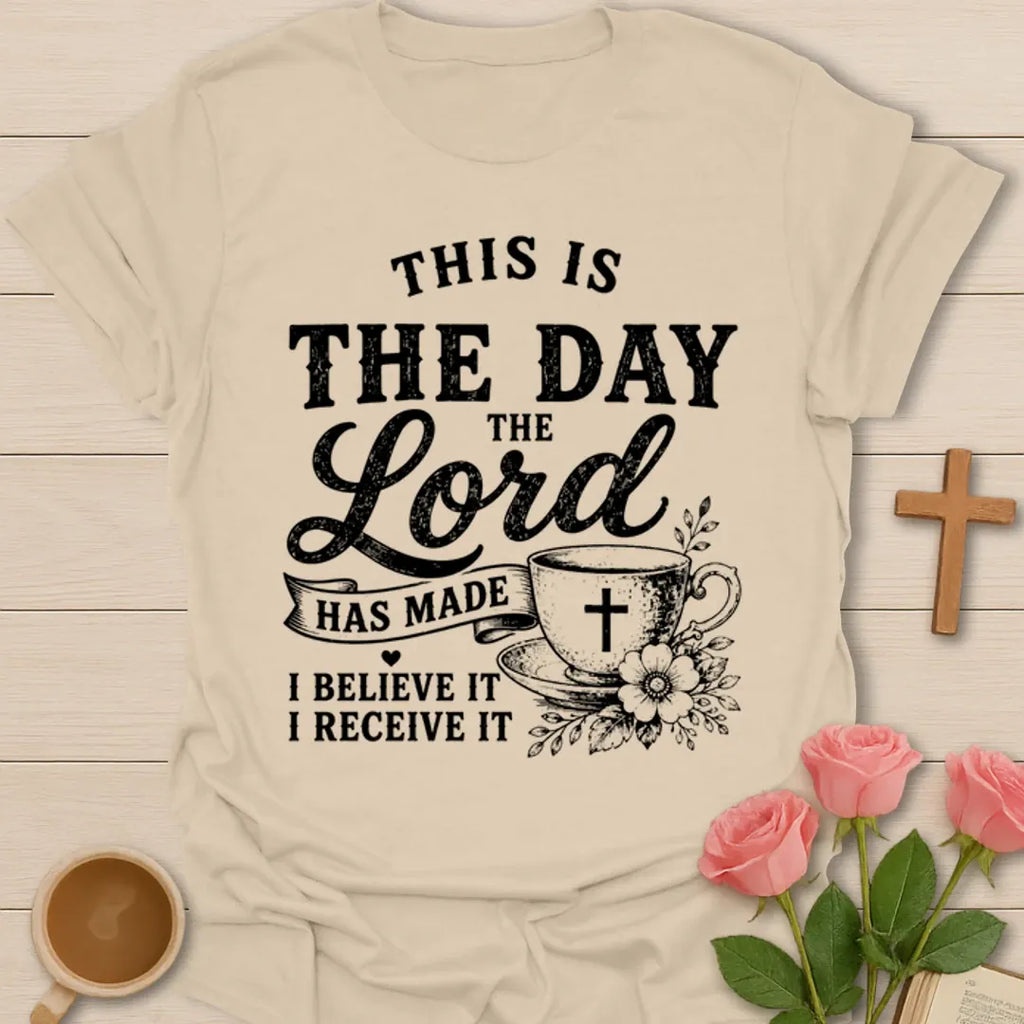 Believe It Receive It Christian shirt with faith-based vintage lettering and inspirational design. - Sand