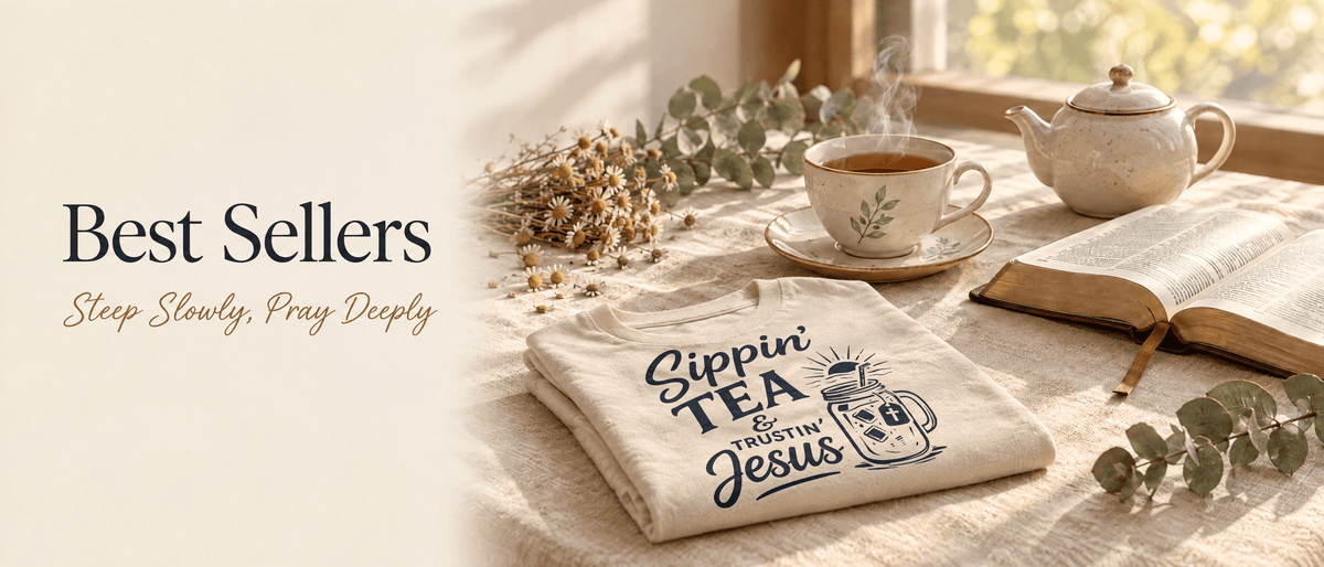 KozzyCo Best Sellers banner - Sippin Tea & Trustin Jesus tee with teacup and open Bible, Steep Slowly, Pray Deeply