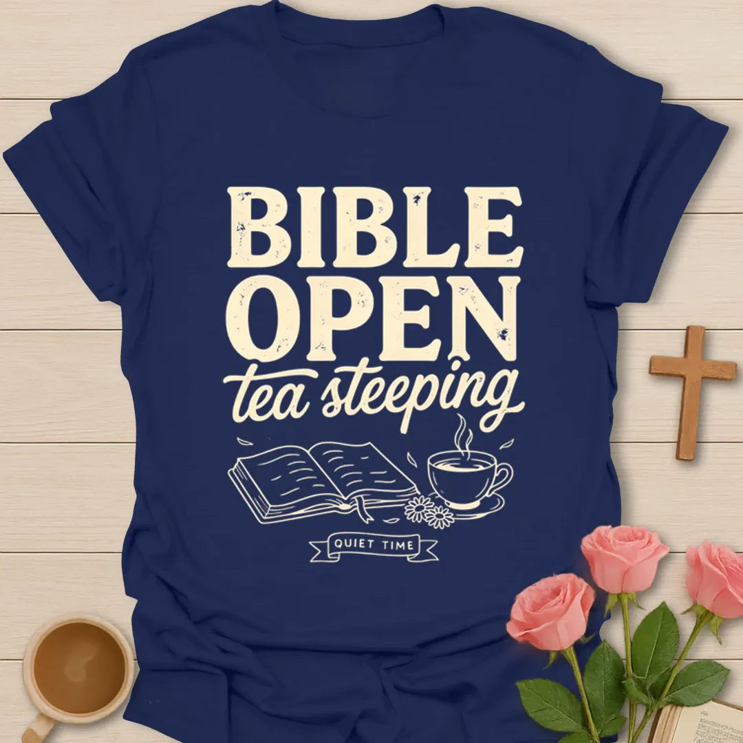 Bible Open Tea Steeping T-Shirt KozzyCo Christian and tea lover design