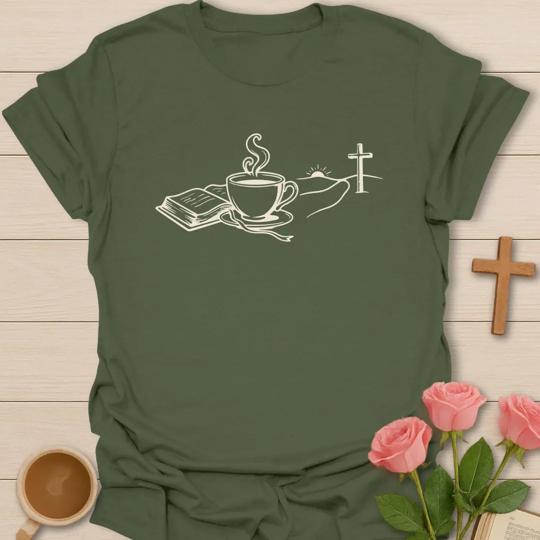 Minimalist line art Christian t-shirt with an open Bible, steaming teacup and a cross on a sunrise hill - Military Green
