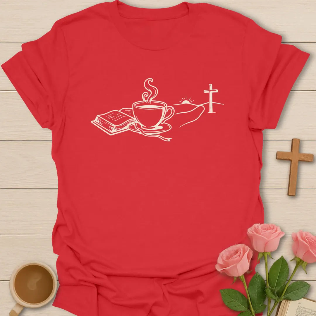 Minimalist line art Christian t-shirt with an open Bible, steaming teacup and a cross on a sunrise hill - Red