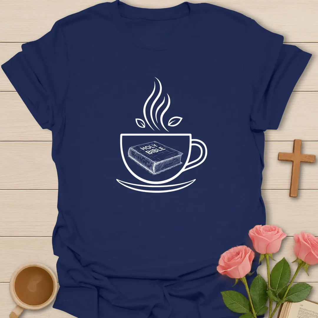 Minimalist Christian t-shirt with line art of a Holy Bible resting inside a steaming teacup with tea leaves - Navy