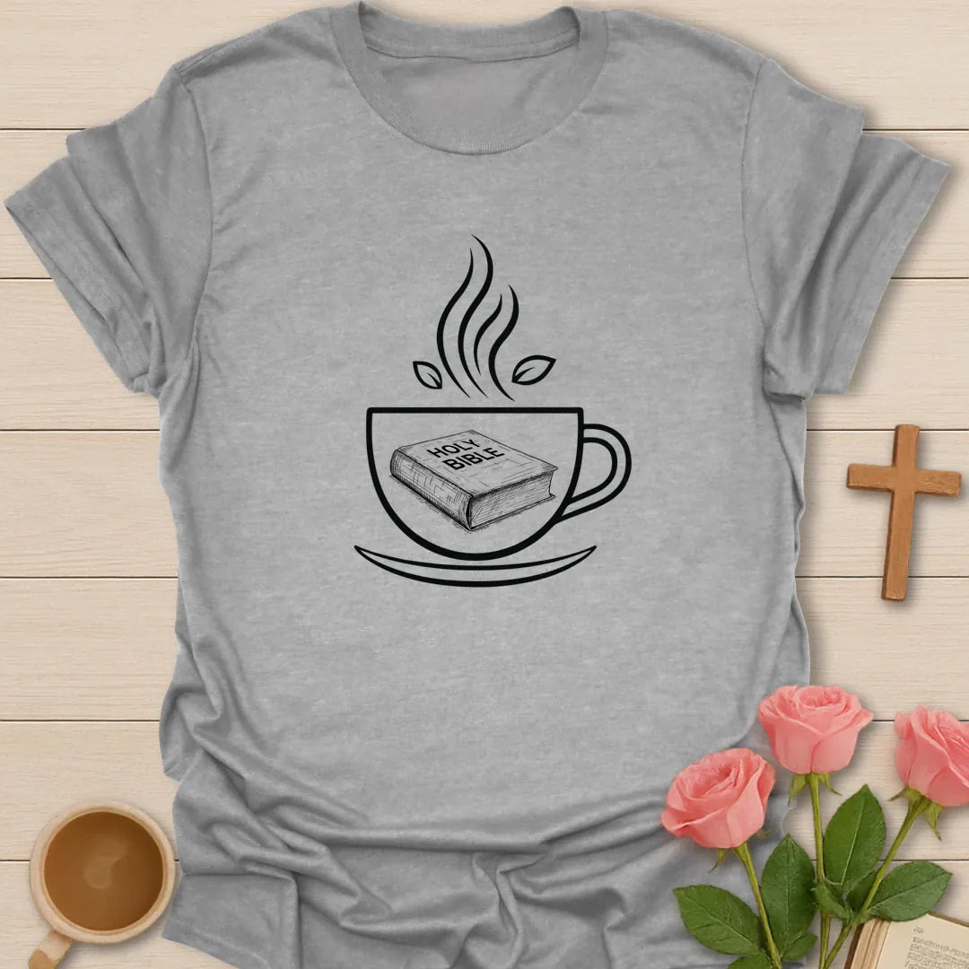 Minimalist Christian t-shirt with line art of a Holy Bible resting inside a steaming teacup with tea leaves - Sport Grey