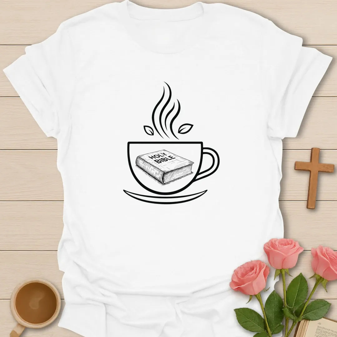 Minimalist Christian t-shirt with line art of a Holy Bible resting inside a steaming teacup with tea leaves - White