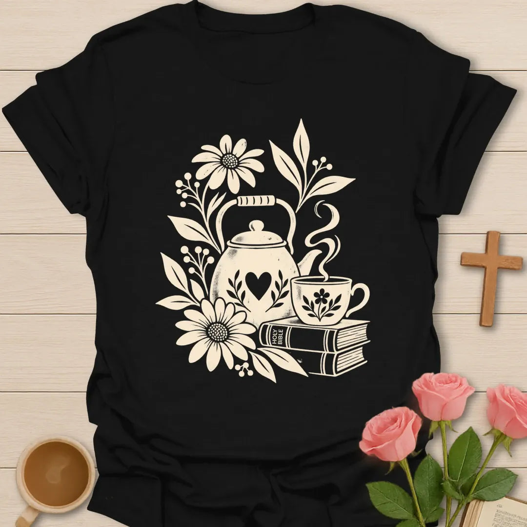 Bible Tea Time shirt with open Bible, teacup, and faith-inspired lettering. - Black