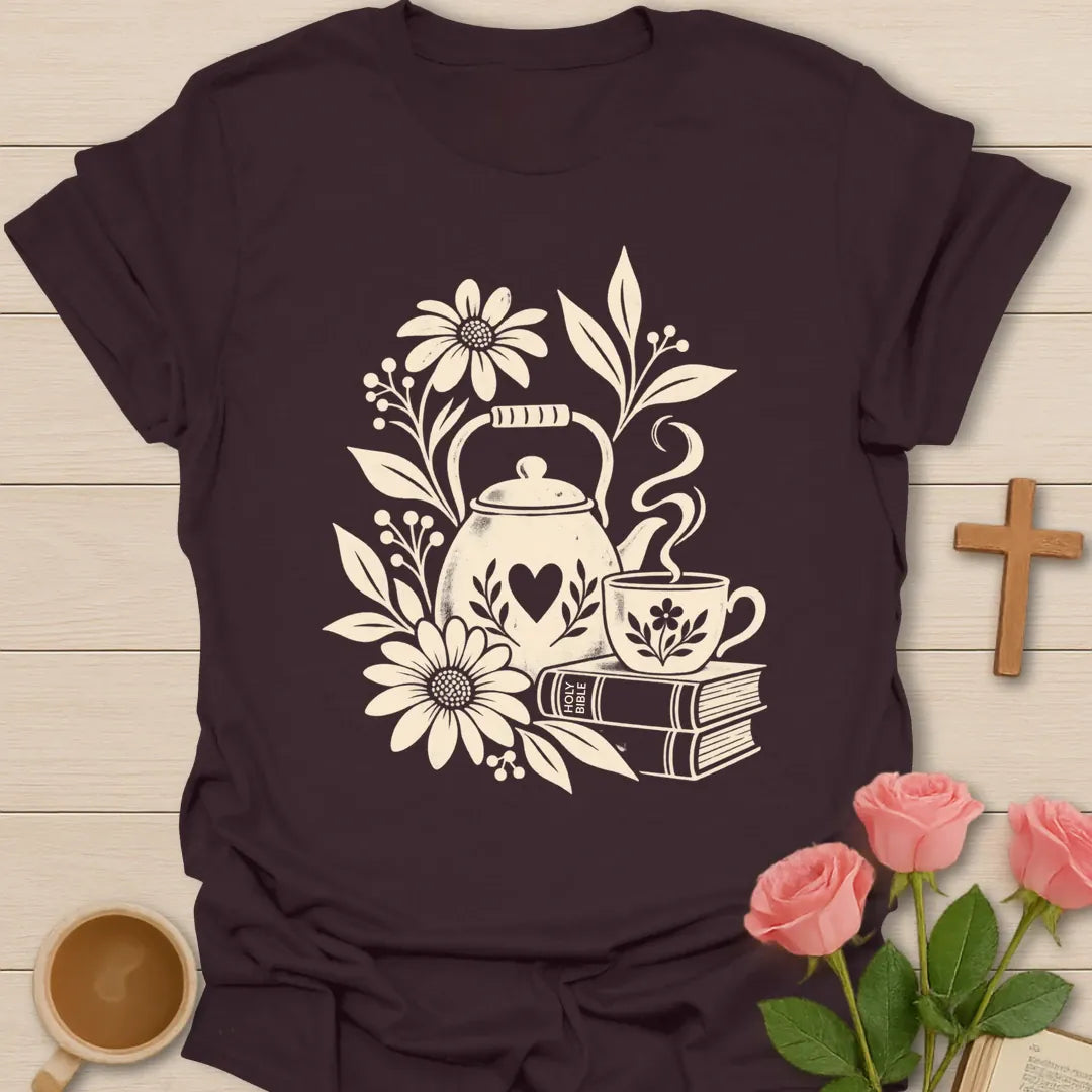 Bible Tea Time shirt with open Bible, teacup, and faith-inspired lettering. - Dark Chocolate