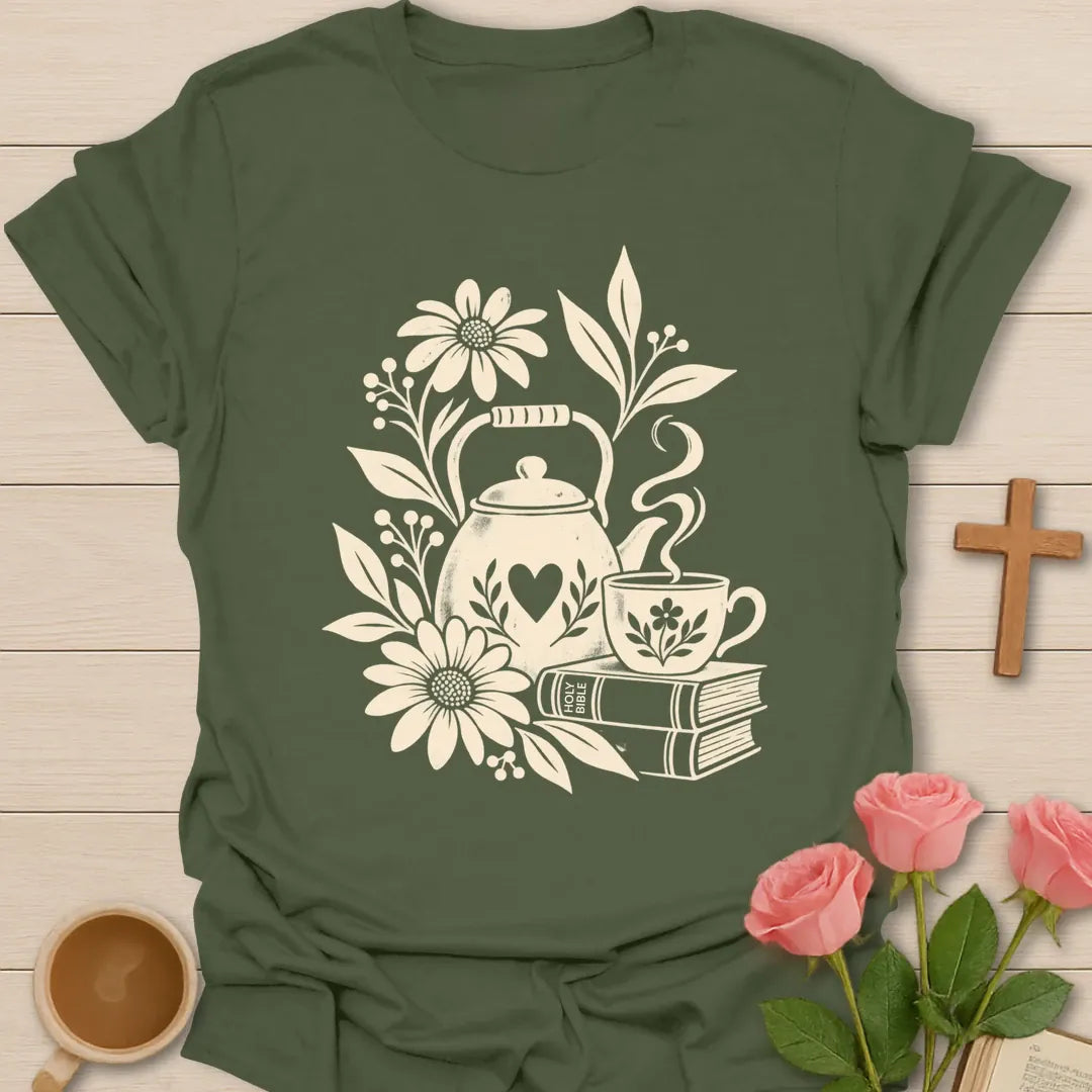 Bible Tea Time shirt with open Bible, teacup, and faith-inspired lettering. - Military Green