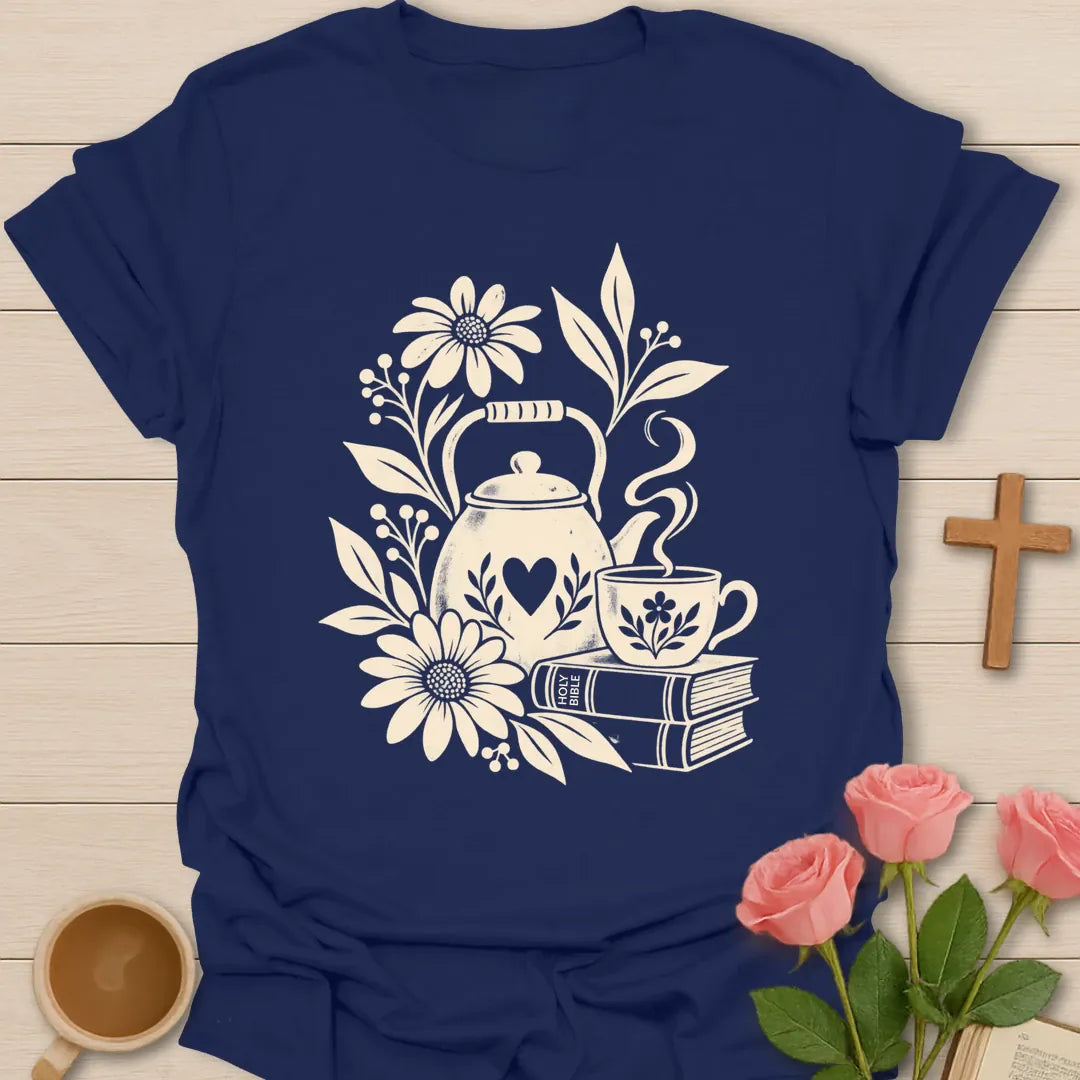 Bible Tea Time shirt with open Bible, teacup, and faith-inspired lettering. - Navy