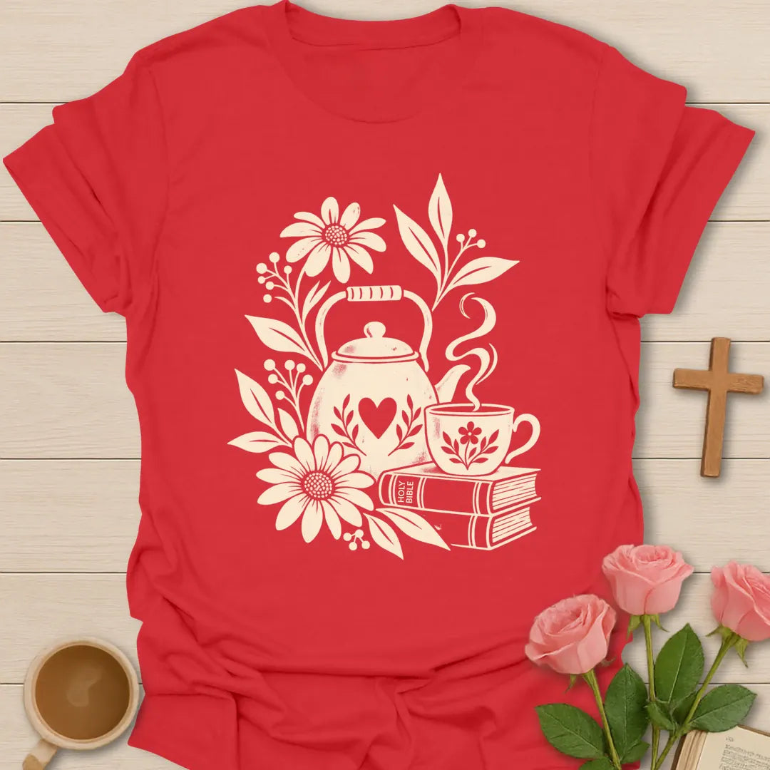 Bible Tea Time shirt with open Bible, teacup, and faith-inspired lettering. - Red