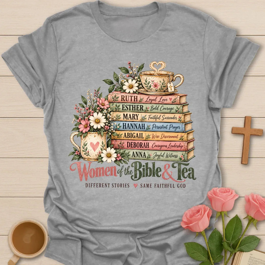 Women Of The Bible & Tea Christian t-shirt with a floral stack of books naming Ruth, Esther, Mary, Hannah, Abigail, Deborah, and Anna under a teacup - Sport Grey