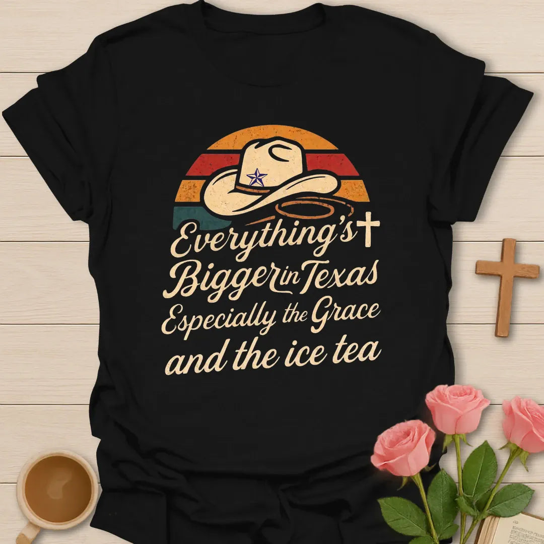 Bigger in Texas Faith shirt with Texas map, cross, and cream vintage lettering. - Black
