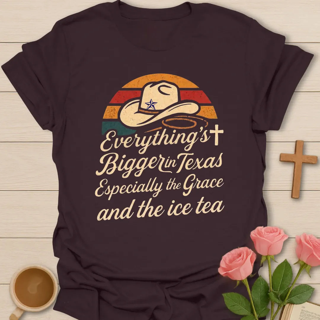 Bigger in Texas Faith shirt with Texas map, cross, and cream vintage lettering. - Dark Chocolate