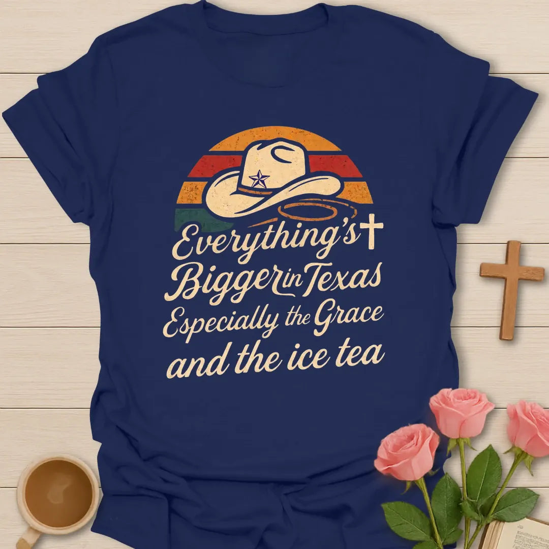 Bigger in Texas Faith shirt with Texas map, cross, and cream vintage lettering. - Navy