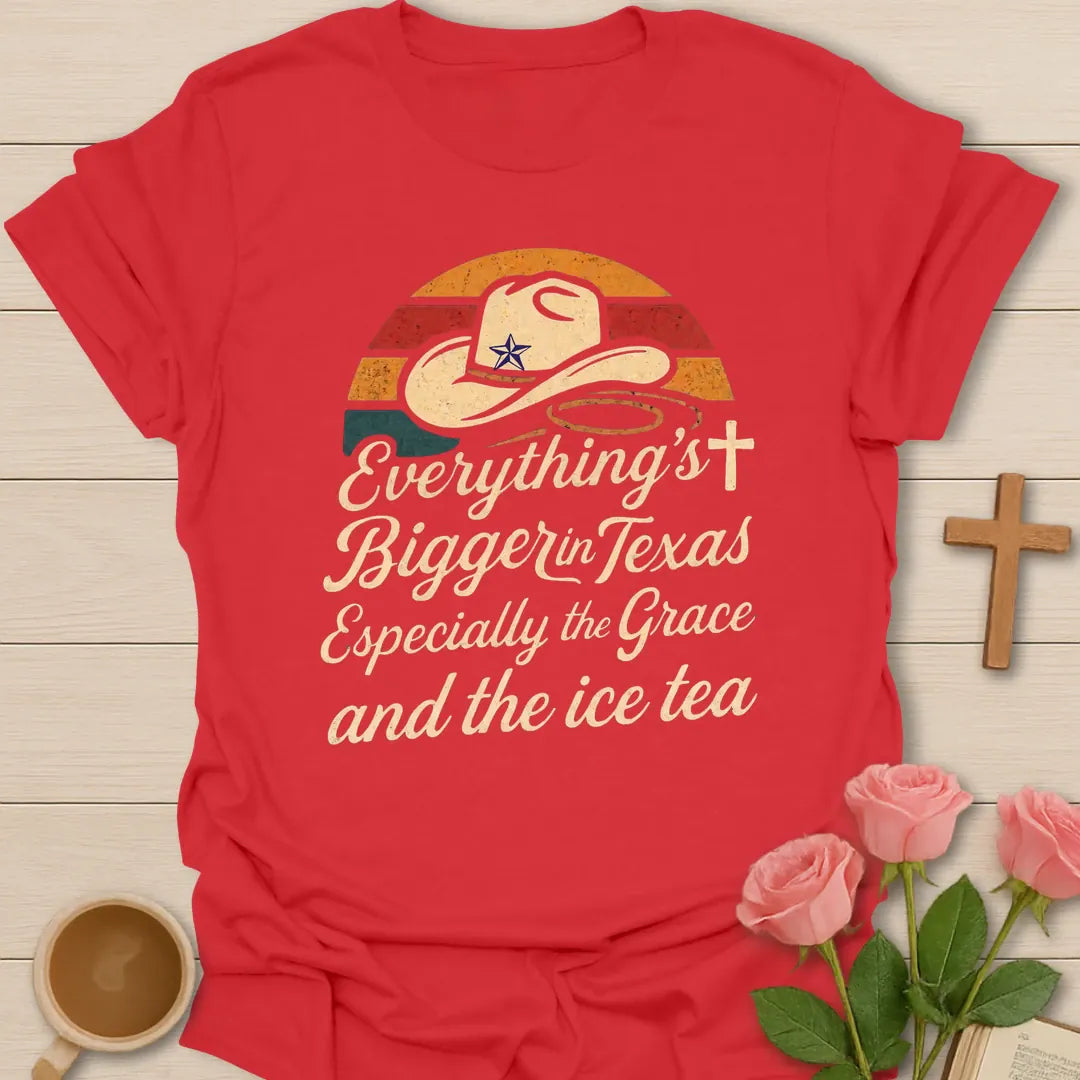 Bigger in Texas Faith shirt with Texas map, cross, and cream vintage lettering. - Red