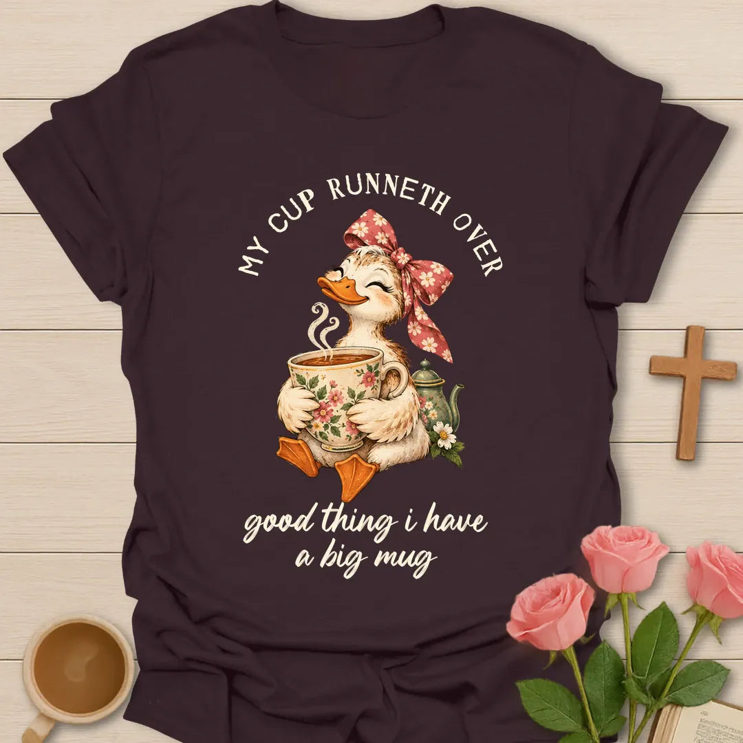 Bigger Mug t-shirt with playful tea lettering and faith-inspired design - Dark Chocolate