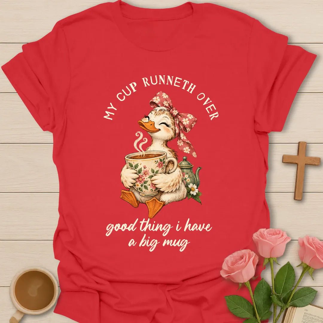 Bigger Mug t-shirt with playful tea lettering and faith-inspired design - Red