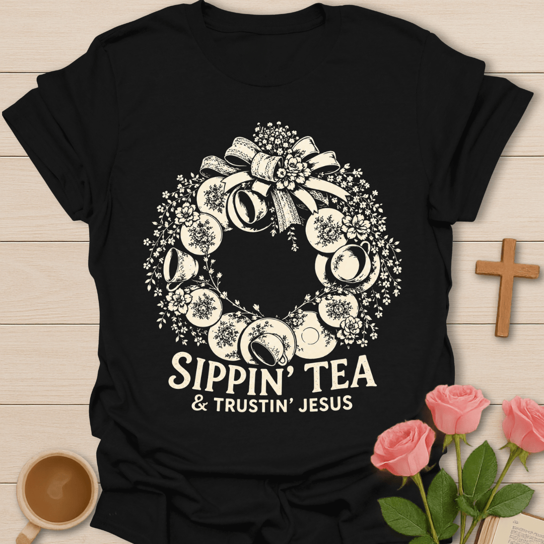Tea Wreath Faith T-Shirt KozzyCo Christian and tea lover design