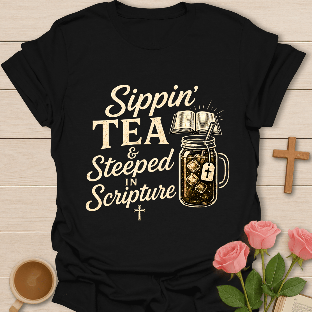 Steeped In Scripture Tea T-Shirt KozzyCo Christian and tea lover design